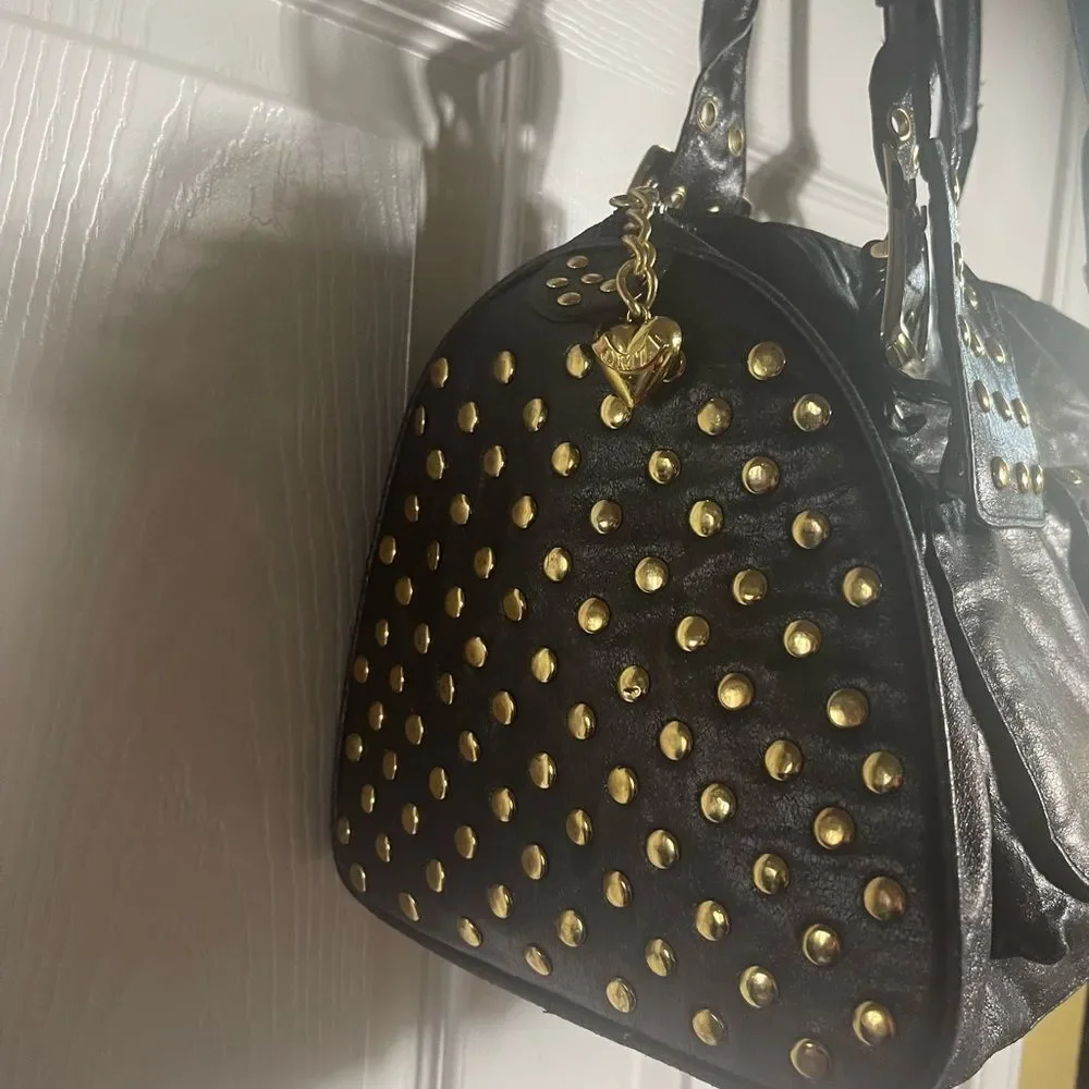 CMZ Stylish Synthetic Black Medium Satchel with Gold Studs Accents.